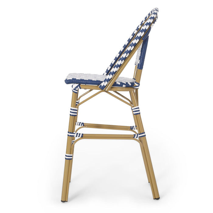 Outdoor Rattan French Barstool Set,, Bamboo, Seat Height - Navy Blue / White