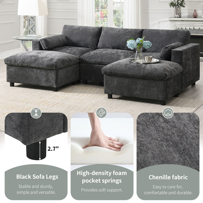 Modular Sectional With Storage Pockets, 5 Seat U Shaped Couch Set With Pillows, Free Combination Modern Cloud Sofa With 2 Movable Ottoman