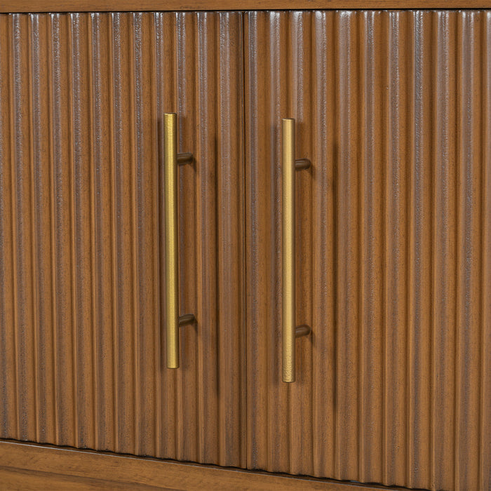 TV Stand With Vertical Slatted Doors And Sliding Panels, Solid Wood Legs - Brown