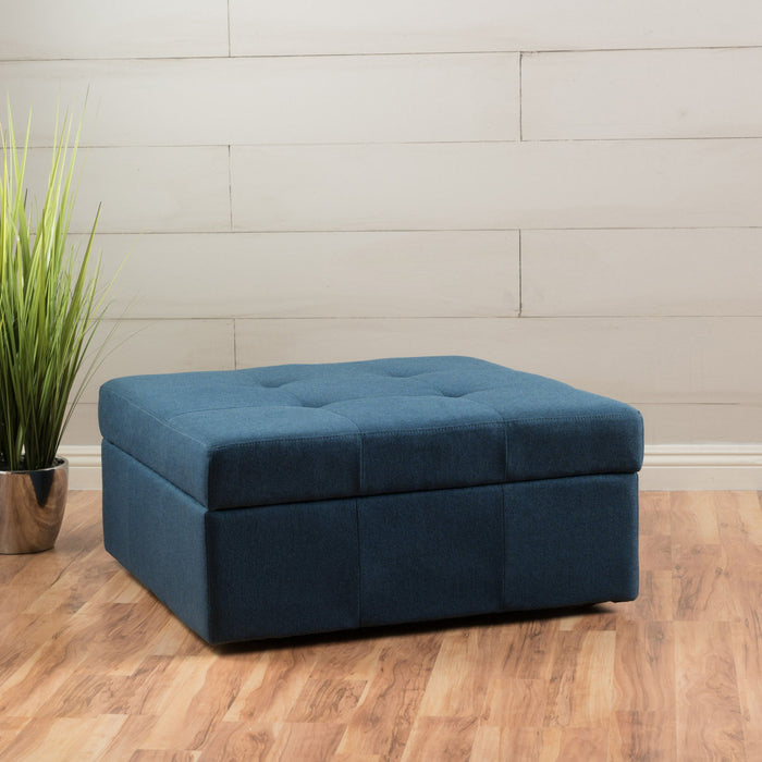 Flip Top Ottoman With Tufted Waffle Stitch And Rolling Casters - Navy Blue