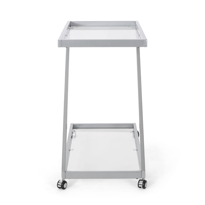 Modern Z Shaped Bar Cart With Tempered Glass Shelves - Silver