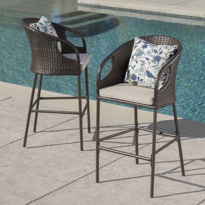 Outdoor 31" Rattan Barstools With Waterproof Cushions (Set of 2) - Multi Brown