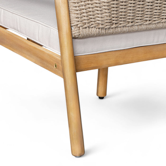 2 Piece Outdoor Acacia Wood Conversation Set, Woven Rope Backrest Patio Seating Group, Woven Rope With Coffee Table For Porch - Light Teak / Beige