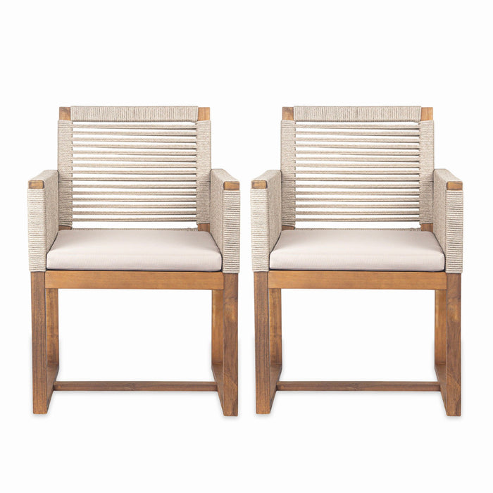 Acacia Wood Outdoor Dining Chairs (Set of 2) With Rope Design Back And Arms, Washable Cushion - Light Brown