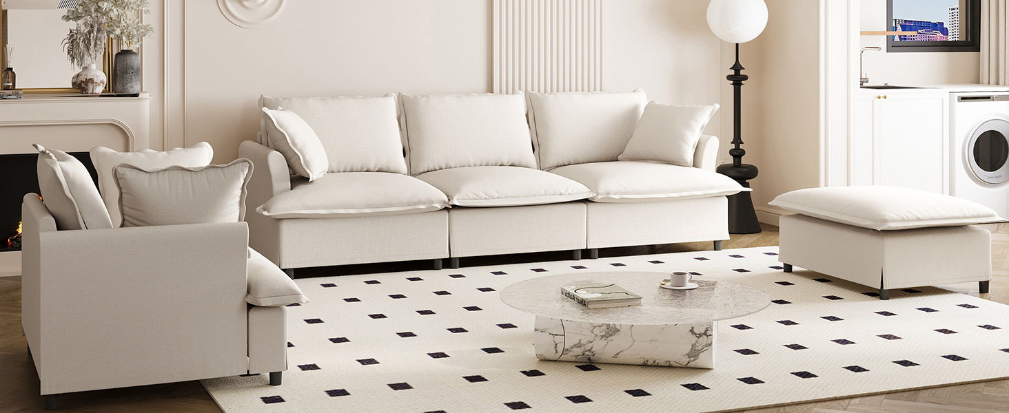 Living Room Set Modular Sectional Couch, Upholstered Sofa & Armchair & Movable Ottoman
