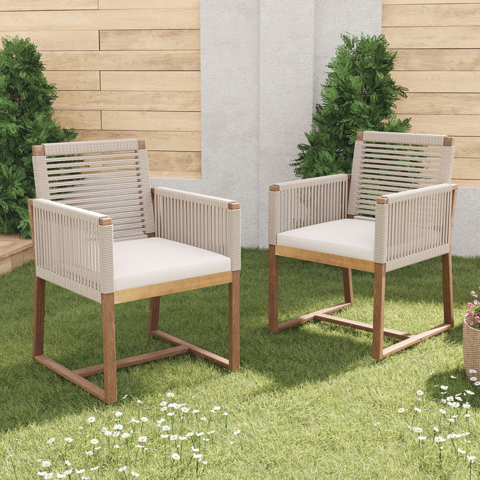Acacia Wood Outdoor Dining Chairs (Set of 2) With Rope Design Back And Arms, Washable Cushion - Light Brown