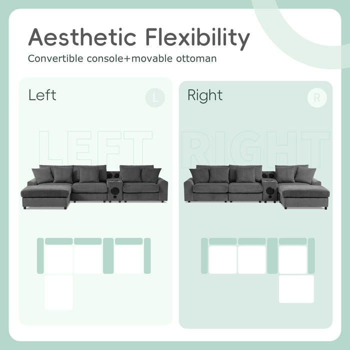 Sectional With Bluetooth Speakers L Shaped Couch With Console USB Charger, Cup Holders Storage Ottoman Deep And Wide Seat Cloud Sofa