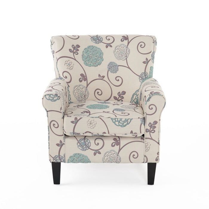 Upholstered Chair With Floral Pattern Design And Solid Wood Legs - Multi Color