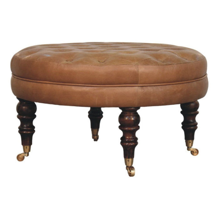 Buffalo - Leather Round Ottoman With Castor Legs - Brown