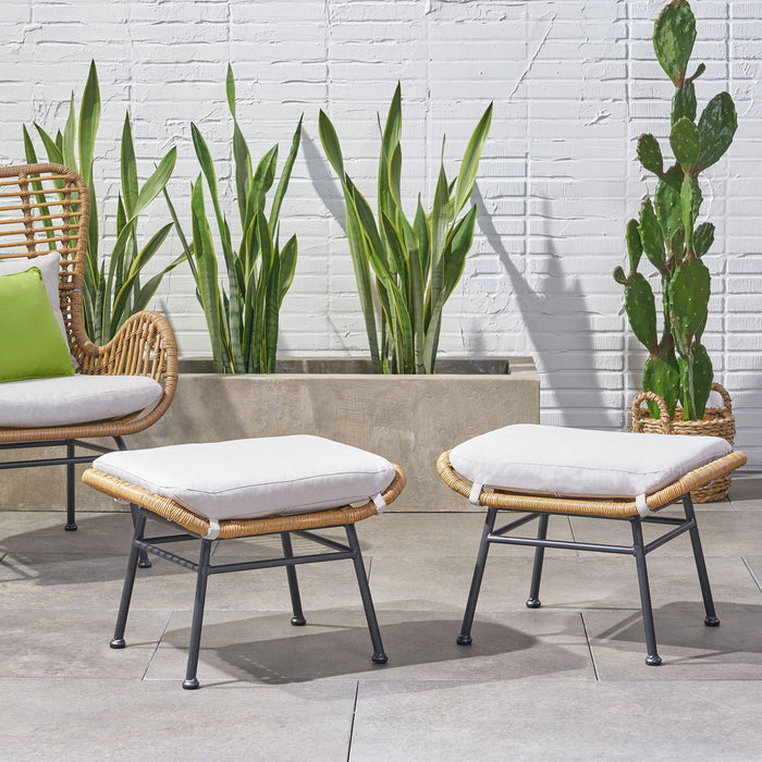 Outdoor Modern Boho Wicker Ottoman With Cushions (Set of 2)