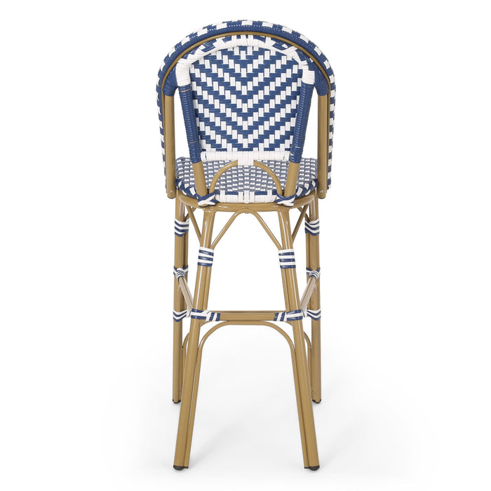 Outdoor Rattan French Barstool Set,, Bamboo, Seat Height - Navy Blue / White