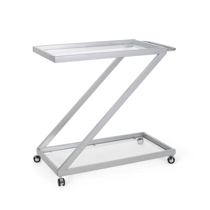Modern Z Shaped Bar Cart With Tempered Glass Shelves - Silver