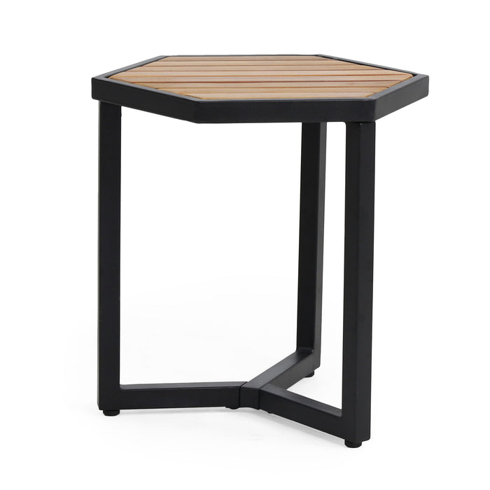 Outdoor Side Table With Iron Base And Slatted Top - Brown