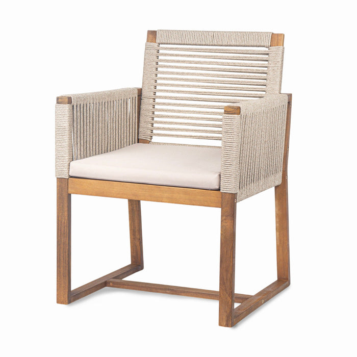 Acacia Wood Outdoor Dining Chairs (Set of 2) With Rope Design Back And Arms, Washable Cushion - Light Brown