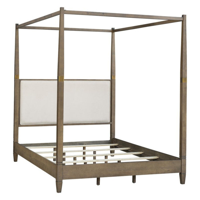 Queen Canopy Bed Frame With Upholstered Headboard - Brown