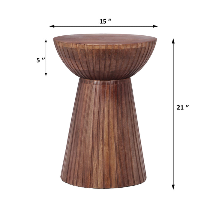 Modern Mango Wood Round Drum End Table, Solid Wood - Honey