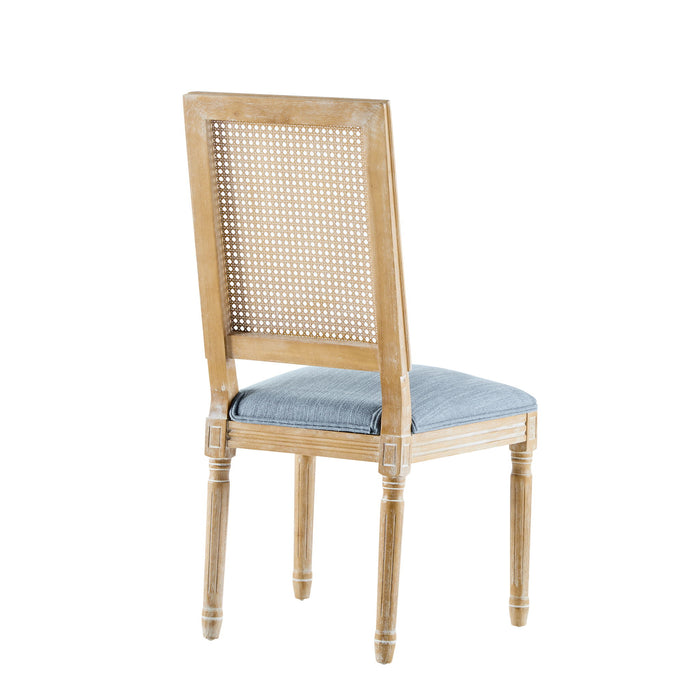 French Country Dining Chair With Rectangular Cane Backrest And Smooth Upholstered Seating