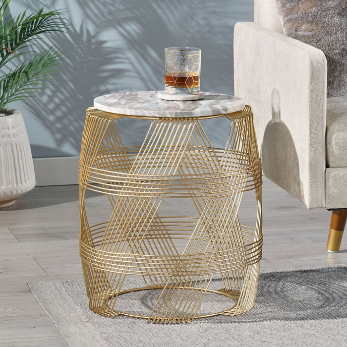 Round Table With Marble Top And Metal Base - Gold / Natural