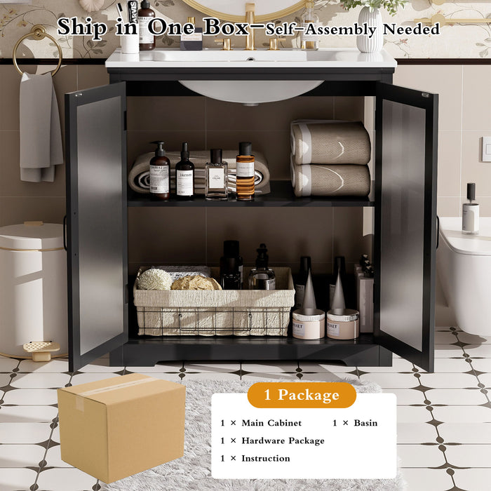 Modern Bathroom Vanity With Ceramic Sink, Tempered Blurred Glass Doors