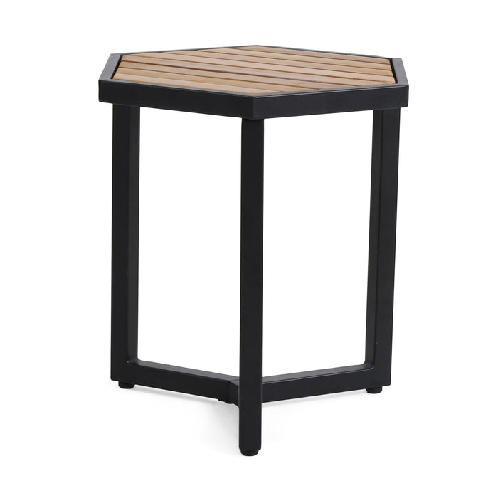 Outdoor Side Table With Iron Base And Slatted Top - Brown