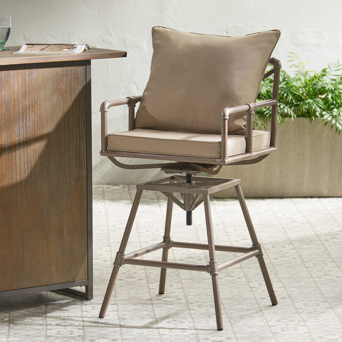 Industrial Outdoor Patio Plumber's Iron Frame Swivel Barstool With Cushions, Height Adjustable