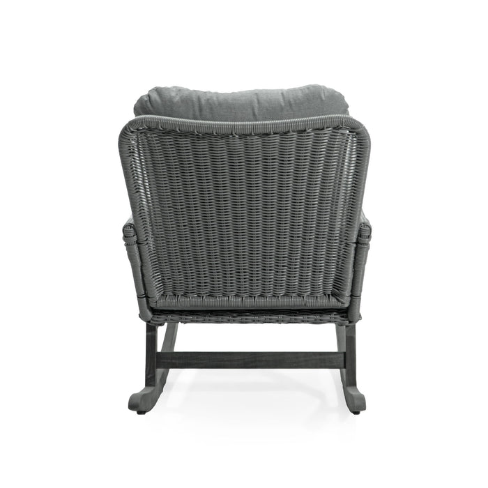 Modern 3 Piece Outdoor Seating Set With Cushioned Rattan Rocking Chairs And Wooden Accent Table