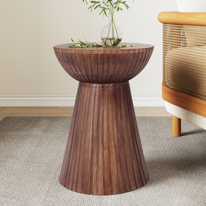 Modern Mango Wood Round Drum End Table, Solid Wood - Honey