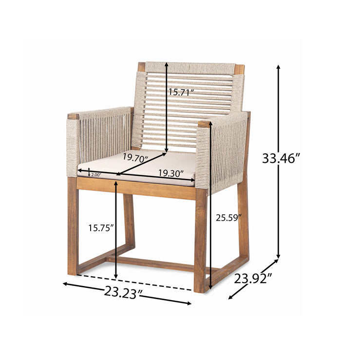 Acacia Wood Outdoor Dining Chairs (Set of 2) With Rope Design Back And Arms, Washable Cushion - Light Brown