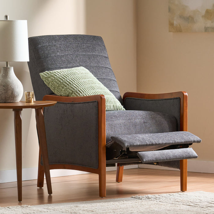 Mendota - Mid Century Modern Fabric Channel Stitch Wood Pushback Recliner - Gray
