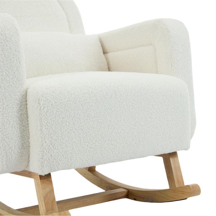 Accent Rocking Chair With Curved Back & Pillow, Base, Ultimate Comfort For Living Room Or Nursery - Cream White