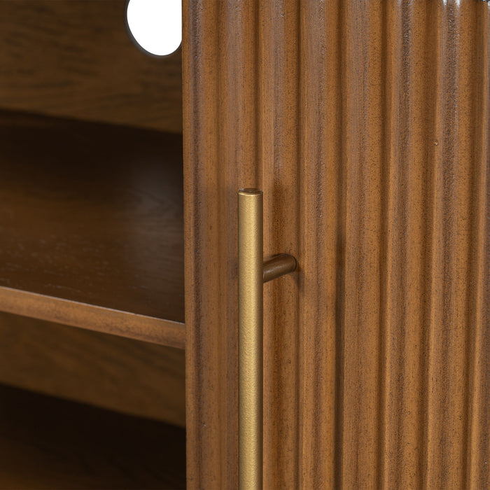 TV Stand With Vertical Slatted Doors And Sliding Panels, Solid Wood Legs - Brown