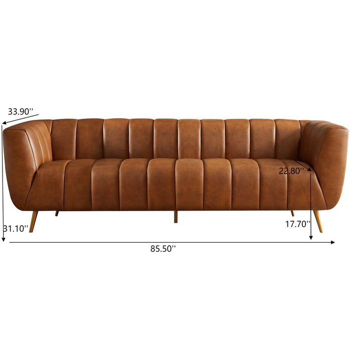Ava - Genuine Italian Leather Channel Tufted Sofa - Gold / Tan