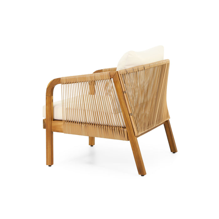 Acacia Wood And Wicker Outdoor Club Chair, Deep Seating With Soft Cushion, Porch Chairs For Garden, Backyard Porch Balcony - Brown / Beige