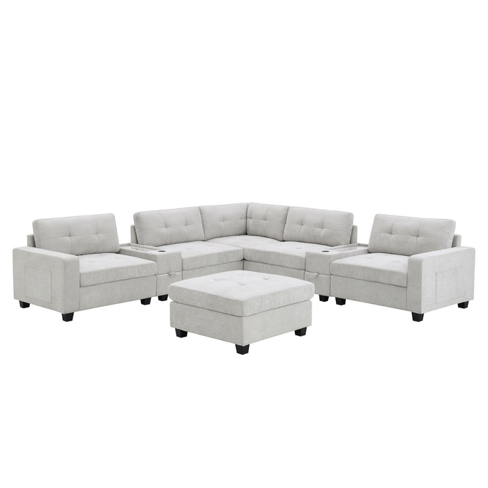 Sectional With Acrylic Table Top U Shaped Couch Set With 2 Consoles USB Charger, Storage Drawers And Pockets Movable Ottoman Tufted Sofa