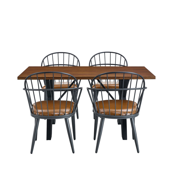 5 Piece Industrial Style Indoor Upholstered Dining Set With Metal Legs - Brown