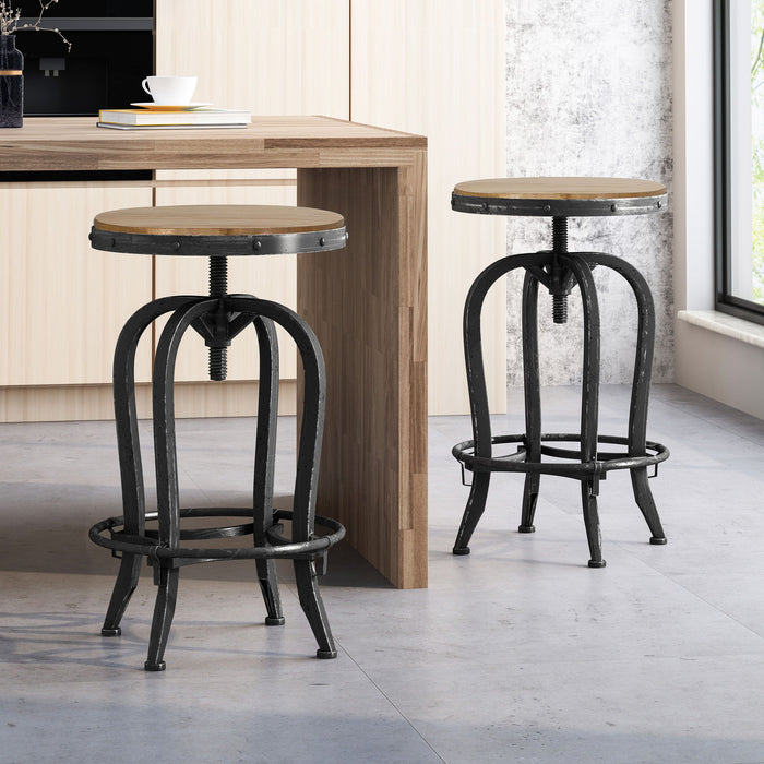 Industrial Firwood Adjustable Height Swivel Barstools (Set of 2) Metal & Wood - Natural / Pewter