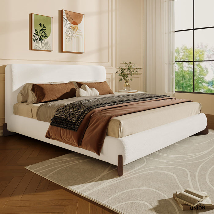 Elegant Boucle Upholstered Bed With Solid Wood Legs