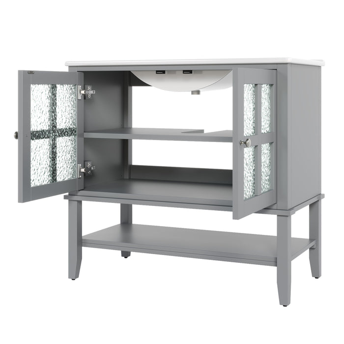 Bathroom Vanity With Ceramic Sink, Adjustable & Open Shelf