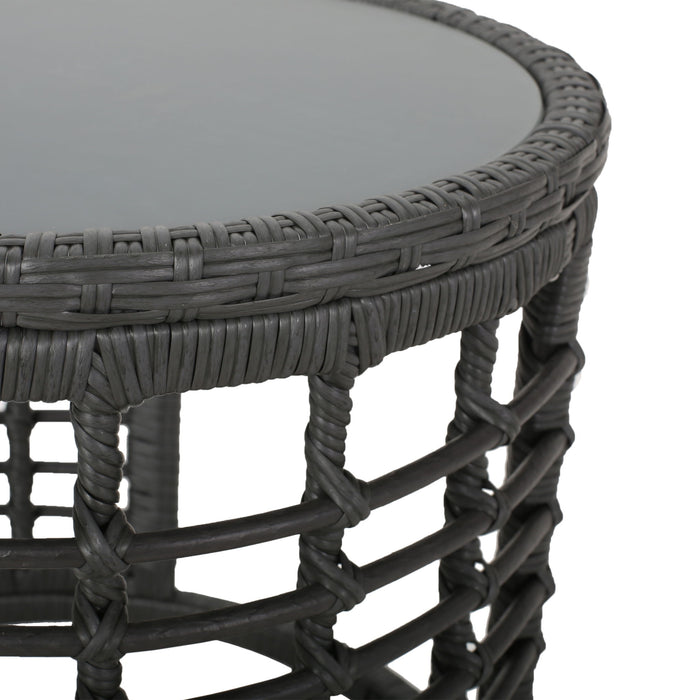 Achill - Outdoor Modern Boho Wicker Side Table With Glass Top - Gray