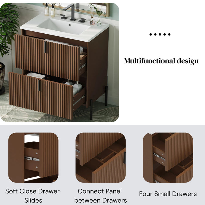Fluted Bathroom Vanity With Ceramic Sink, Freestanding Design