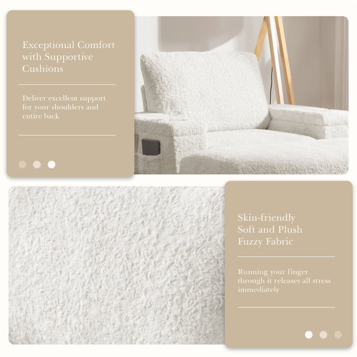 Oversized Chaise Lounge Indoor Rabbit Fur Sofa Bed With Storage Ottoman And Armrests Cup Holders With Deep Seat