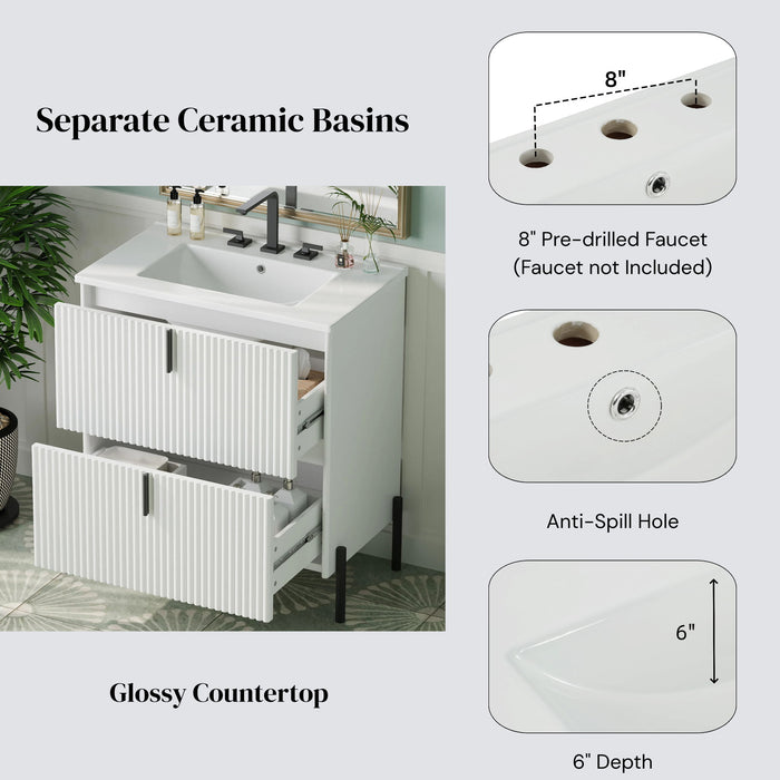 Fluted Bathroom Vanity With Ceramic Sink, Freestanding Design