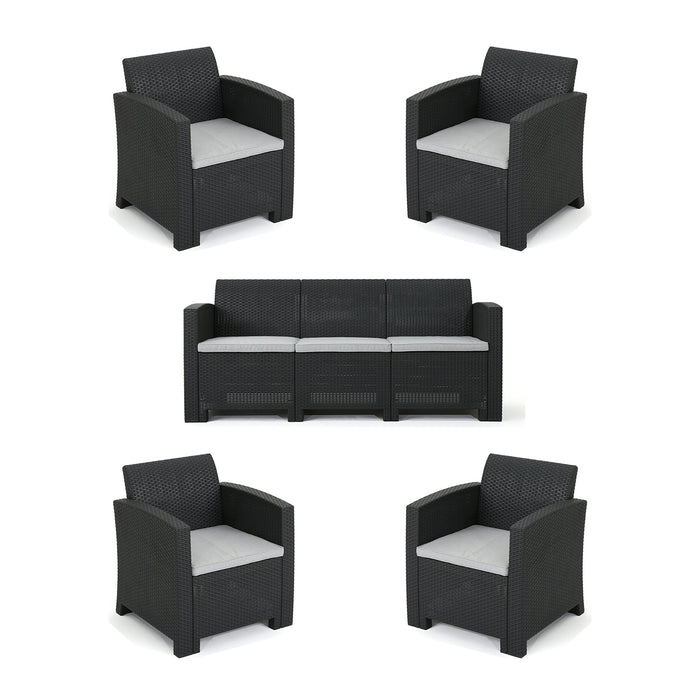 Outdoor Faux Wicker Rattan Style Chat Set With Water Resistant Cushions, 5 Pieces Set - Charcoal / Light Gray