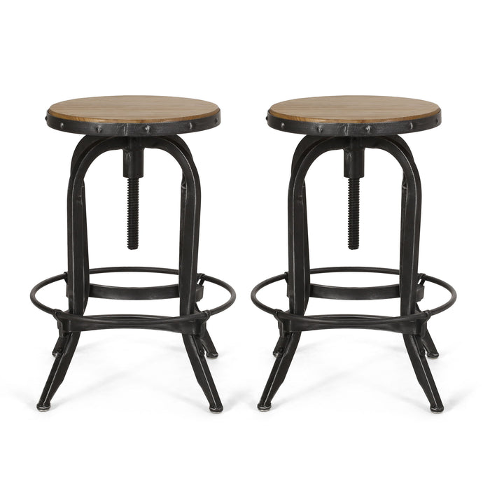 Industrial Firwood Adjustable Height Swivel Barstools (Set of 2) Metal & Wood - Natural / Pewter
