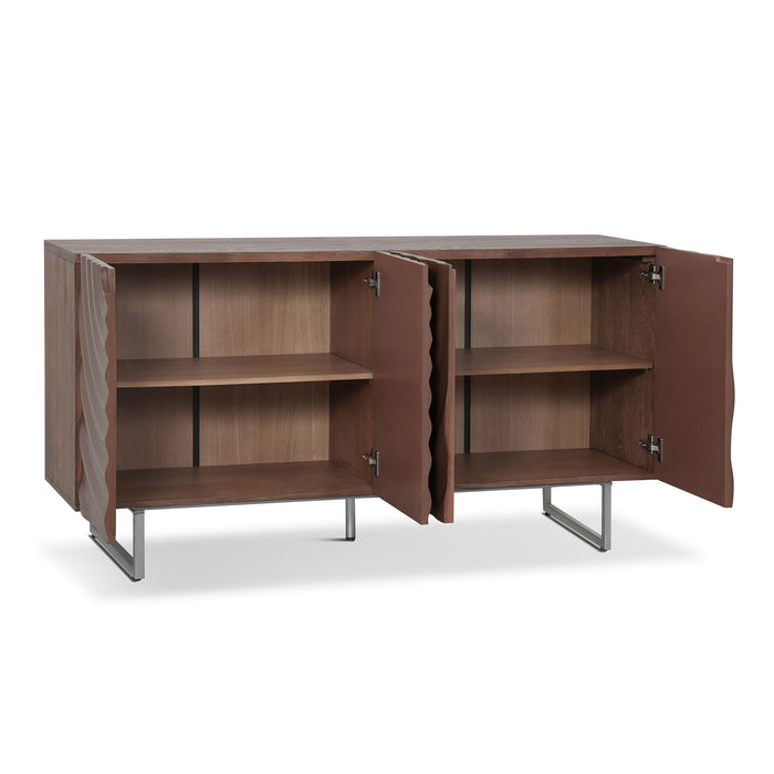 Modern Sculptural Sideboard, Ripple Doors, Adjustable Shelves, Metal Legs - Brown / Silver