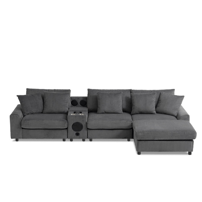 Sectional With Bluetooth Speakers L Shaped Couch With Console USB Charger, Cup Holders Storage Ottoman Deep And Wide Seat Cloud Sofa