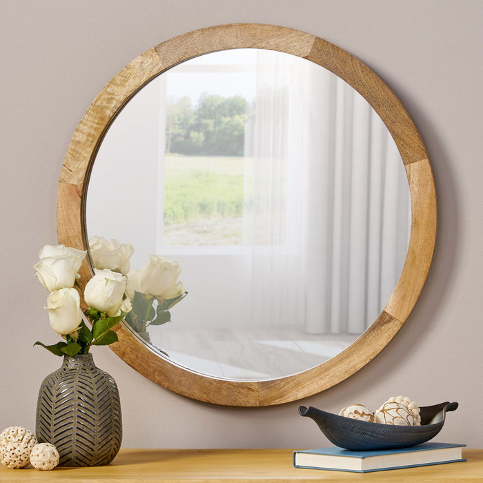 Mango Wood Round Mirror With Glass Surface - Natural