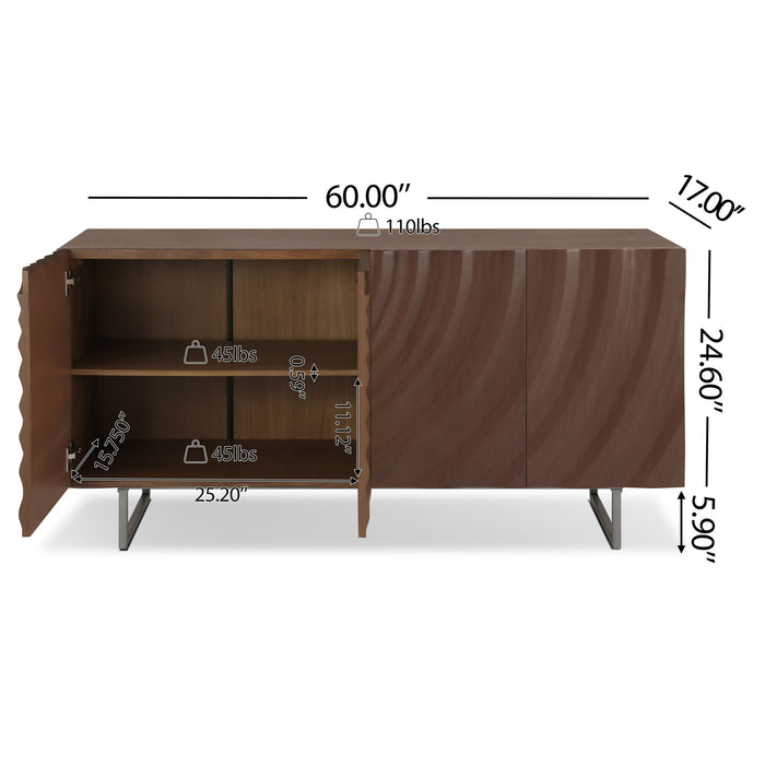 Modern Sculptural Sideboard, Ripple Doors, Adjustable Shelves, Metal Legs - Brown / Silver