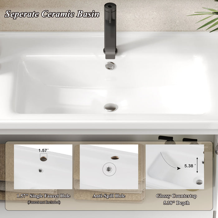 Wall Mounted Bathroom Vanity With Sink, 2 Open Shelves - White