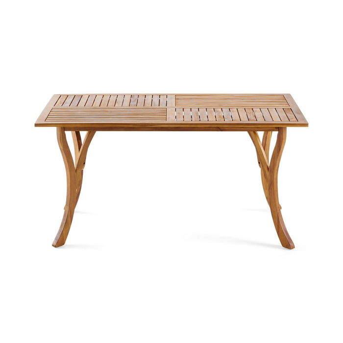 Outdoor Rectangular Table With Curved Legs And Perpendicular Wooden Slats Table Top